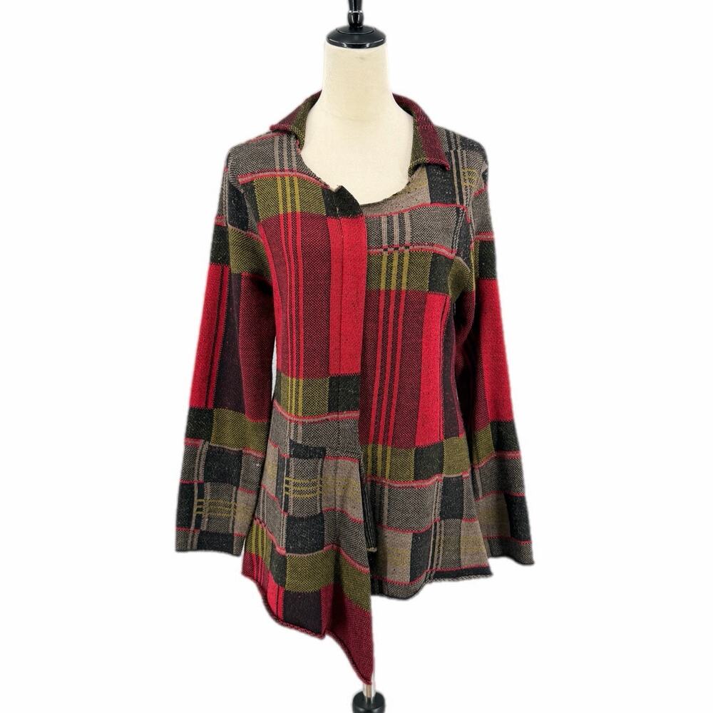 Liv by Habitat Clothing Red Black Plaid Block Print Asymmetric Knit Cozy Sweater